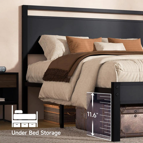 Modern Queen Bed Frame With Solid Wood Headboard And Metal Platform Base, Sturdy Industrial Style Sleeper with under-bed storage.