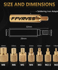 Image showing size and dimensions of brass insert tips and soldering iron adapter from 7 Piece Soldering Tips And Heat Set Insert Kit For Thread Inserts M2 To M8 Soldering Iron Adapter For 900M T18 FX 888D Budget Friendly Plastic 3D Printer Tools Set.