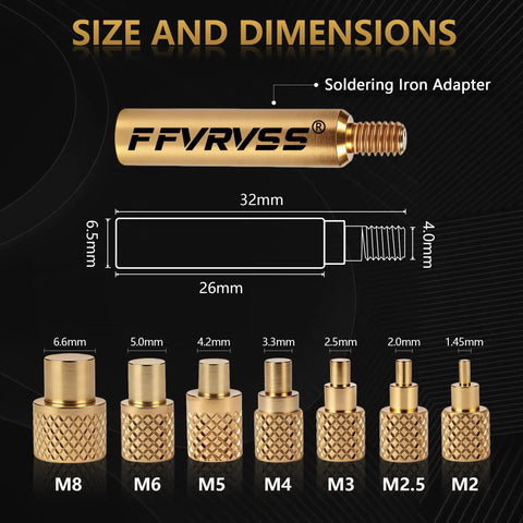 Image showing size and dimensions of brass insert tips and soldering iron adapter from 7 Piece Soldering Tips And Heat Set Insert Kit For Thread Inserts M2 To M8 Soldering Iron Adapter For 900M T18 FX 888D Budget Friendly Plastic 3D Printer Tools Set.