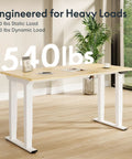 Premium Four Leg Height Adjustable Standing Desk With Natural Maple Surface and Rock Solid Anti Wobble Engineering For No Stress Home Office and Multi Monitor Setups showing 540 lbs static load capacity.