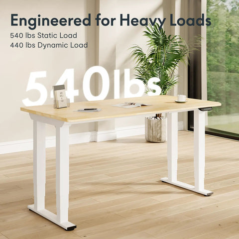 Premium Four Leg Height Adjustable Standing Desk With Natural Maple Surface and Rock Solid Anti Wobble Engineering For No Stress Home Office and Multi Monitor Setups showing 540 lbs static load capacity.