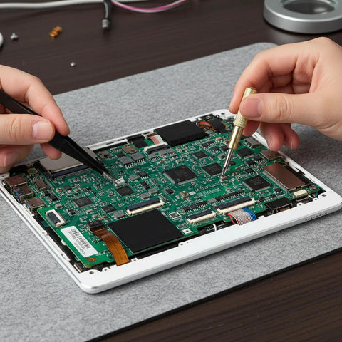 Hands working on a circuit board with tools, showcasing electronics repair or assembly.