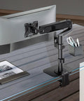 Built Tough Steel Monitor Mount Reinforcement Plate Keeps Glass And Thin Desks Safe From Cracks with monitor arm on a glass desk.