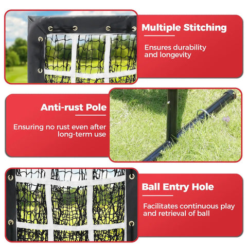 Close-up of 9 Hole Pitching Net with adjustable height and 18 by 22 strike zone featuring stitching, pole, and ball hole details.