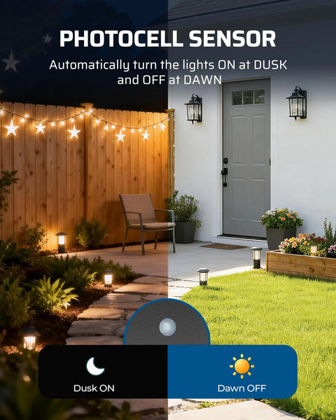 300W Digital Low Voltage Landscape Transformer With Timer And Dusk To Dawn Photocell Sensor illustrating pathway lighting
