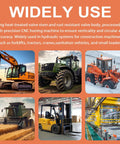 Hydraulic control valves infographic banner; six heavy machines shown.