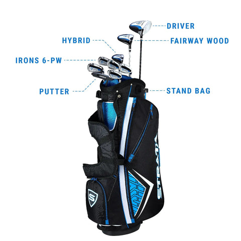 Strata 12 Piece Complete Golf Club Set for Men Right Hand Blue showing driver, fairway wood, hybrid, irons, putter and stand bag.