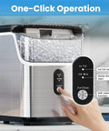 Nugget Ice Maker Countertop 34 Lbs Per Day Portable Ice Machine With Crushed Ice Self Cleaning One Click Operation For Home Kitchen Office Use Silver showing one-click operation button.