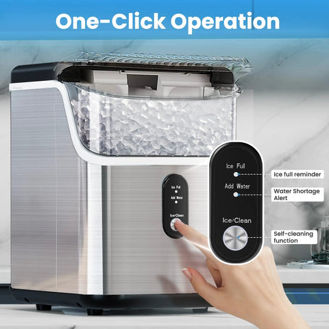 Nugget Ice Maker Countertop 34 Lbs Per Day Portable Ice Machine With Crushed Ice Self Cleaning One Click Operation For Home Kitchen Office Use Silver showing one-click operation button.