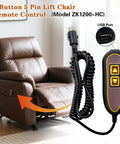 2 Button 5 Pin Lift Chair Remote Hand Control Replacement ZK1200-HC USB Backlight next to brown recliner chair