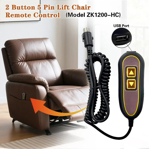 2 Button 5 Pin Lift Chair Remote Hand Control Replacement ZK1200-HC USB Backlight next to brown recliner chair