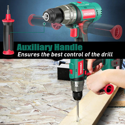 Cordless Hammer Drill Driver 20V with side handle drilling into wood, highlighting auxiliary handle and control features.