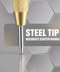 Automatic Center Punch For Metal And Wood Featuring Spring Loaded Kick And Adjustable Knob creating accurate center marks on metal.