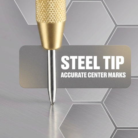 Automatic Center Punch For Metal And Wood Featuring Spring Loaded Kick And Adjustable Knob creating accurate center marks on metal.