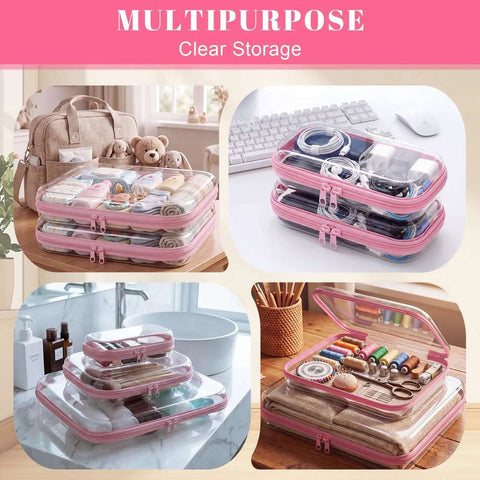 Top Shelf 12 Pack Clear Zipper Cases With 40 Label Stickers Stackable Travel Storage System Crush Resistant Pouches For Makeup Electronics Gear Pink Setup with organized items.