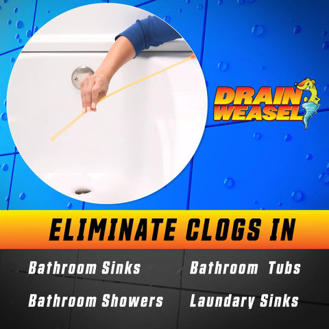 Kick Those Nagging Hair Knots To The Curb With This 18 Inch Drain Snake featuring flexible wands removing clog from a bathtub.