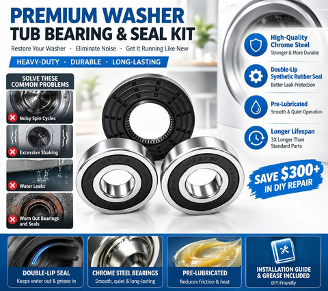 Heavy Duty Washer Tub Bearing And Seal Repair Kit For Front Load Machines Compatible With Numerous Samsung Models, chrome steel and rubber components.