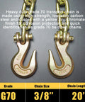 Heavy Duty 3/8 To 1/2 Inch Chain Binder Set With 20 Foot 3/8 G70 Transport Chain, Ratchet Load Binder, Grappling Hook Ends, 9,200 Lbs Working Load Limit, Secure Tie Downs For Trucks And Flatbeds; close-up of G70 chains with hooks