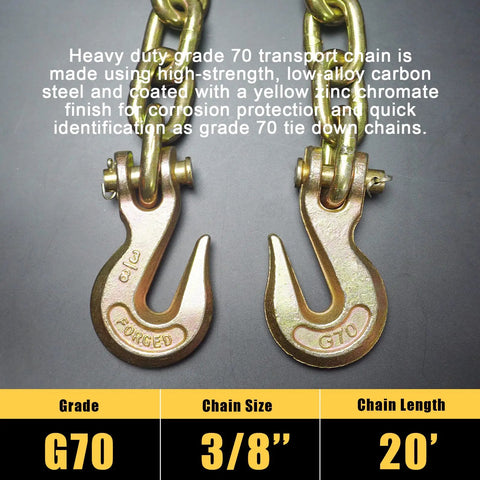 Heavy Duty 3/8 To 1/2 Inch Chain Binder Set With 20 Foot 3/8 G70 Transport Chain, Ratchet Load Binder, Grappling Hook Ends, 9,200 Lbs Working Load Limit, Secure Tie Downs For Trucks And Flatbeds; close-up of G70 chains with hooks