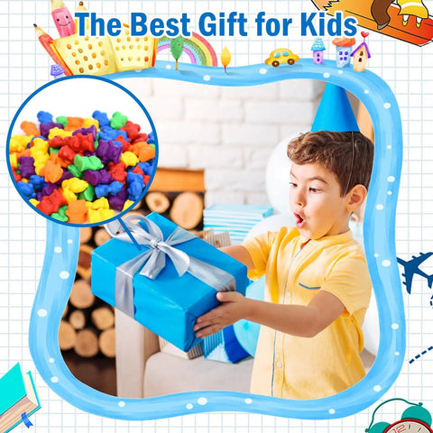 Child excitedly receiving a gift, showcasing the Hella Cool Big Time 120 Piece Math Manipulatives Counting Bear Set With Vibrant Six Color Blocks.