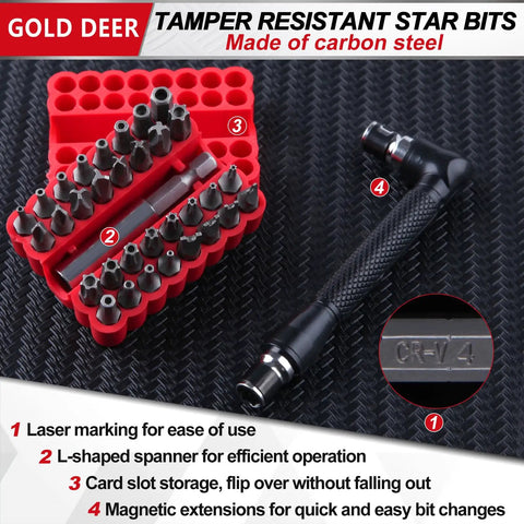 Badass Security Torx Bit Set With Magnetic Extension Holder And L Spanner Tamper Resistant Star Drive Bits Metric Imperial Hex Key Wrench in red holder.
