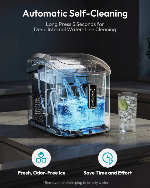 EUHOMY countertop ice maker with carry handle; transparent body and built-in control panel, bullet ice.