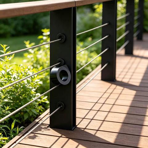 20 Pack 3/8 Inch Black Cable Railing Angle Washers T316 Marine Grade Stainless Steel Rock Solid 30 Degree Beveled Brackets Pro Team Gear For Sloped Stairs And Rugged Deck Installations Top Shelf Alignment Slick Finish installed on a deck railing with greenery.