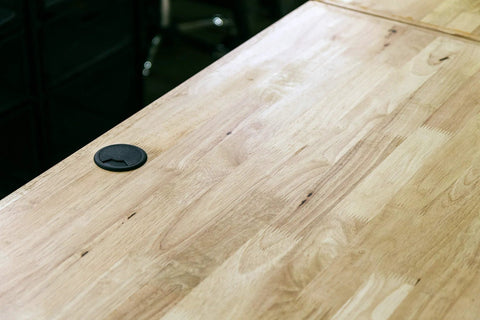 Heavy Duty Floor Grommet With Cover 4 Inch Black ABS Plastic Cable Management installed in wooden surface