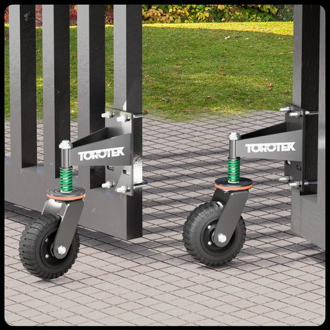 Smooth Operator 6 Inch Rubber Gate Wheels Rock Solid Heavy Duty Workhorse For Metal Wood Fence Gates 500 Pound Capacity 360 Degree Swivel Dust Prevention Caster Pair, visible on gate.