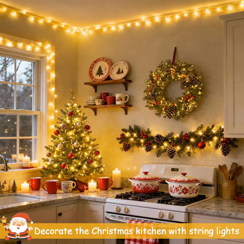 Bright 100 LED String Lights Indoor Outdoor 33 Ft With 8 Modes Warm White Plug In Connectable Fairy Twinkle Lights in Christmas kitchen