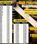 Close-up of two-piece stainless steel feeler gauge set with 32 straight and 16 angled blades, dual SAE/Metric markings