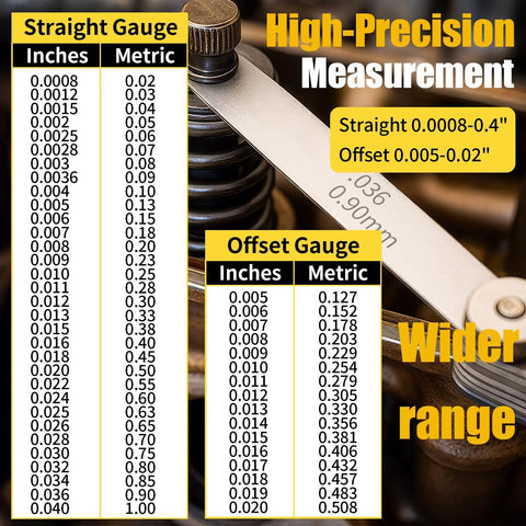 Close-up of two-piece stainless steel feeler gauge set with 32 straight and 16 angled blades, dual SAE/Metric markings