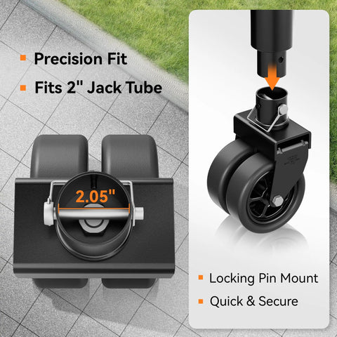 Heavy Duty 2,500 Lbs Dual 6 Inch Beefed Up Trailer Jack Swivel Caster With Upgraded Spoked Wheels And Reinforced Bracket For Boats And Trailers Fits 2 Inch Jack Tubes Black, showing dual wheels and locking pin mount.