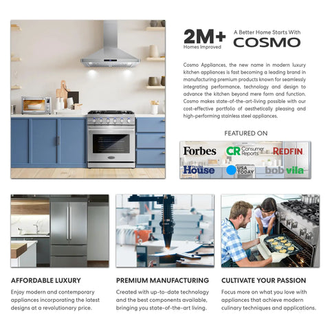 Modern kitchen with Cosmo range hood and appliances, showcasing Replaceable Activated Charcoal Range Hood Filter for 5MU30 and 5MU36 Odor Absorbing CFK4 Easy Install and Long Lasting Kitchen Smell Control Fits Models 5MU30 and 5MU36 Not Compatible With 5U30 or 5U36 on display.