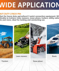 Wide application image showing equipment like tractors, mowers, and snow plows for 12 Pack Lynch Pin Assortment Kit for Trailers and Mowers