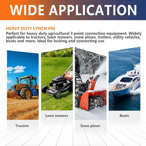Wide application image showing equipment like tractors, mowers, and snow plows for 12 Pack Lynch Pin Assortment Kit for Trailers and Mowers