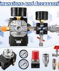 Air Compressor Pressure Switch Kit With Four Port NPT Manifold Regulator And Dual Gauges Automatic On Off Start Stop At 90 To 120 PSI 20 Amp Replacement Part For Air Compressors In Home Shop, showing dimensions and accessories.