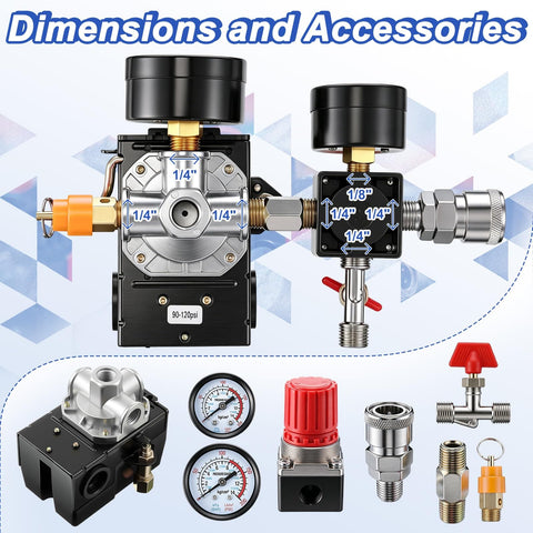 Air Compressor Pressure Switch Kit With Four Port NPT Manifold Regulator And Dual Gauges Automatic On Off Start Stop At 90 To 120 PSI 20 Amp Replacement Part For Air Compressors In Home Shop, showing dimensions and accessories.