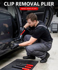 3-Piece Auto Fastener Remover Tool Kit for Car Door Panels and Dashboards with red handles in use on vehicle door panel