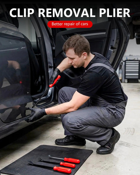 3-Piece Auto Fastener Remover Tool Kit for Car Door Panels and Dashboards with red handles in use on vehicle door panel