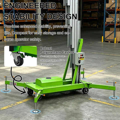 Rock Solid Electric Hydraulic Man Lift showing robust polyurethane casters and stability features in a warehouse setting.