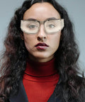 Woman wearing Dope Metal Frame Retro Sunglasses For Women With Hollow Design, Street Style Summer Outdoor Shades