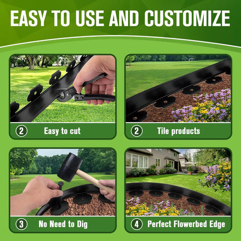 Steps to install No Dig Garden Edging Kit 3 Inch By 100 Foot Flexible Landscape Border; cutting, laying, securing, flower bed.