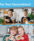 Glossy white printable vinyl sticker paper; kids cut Halloween and Christmas stickers.