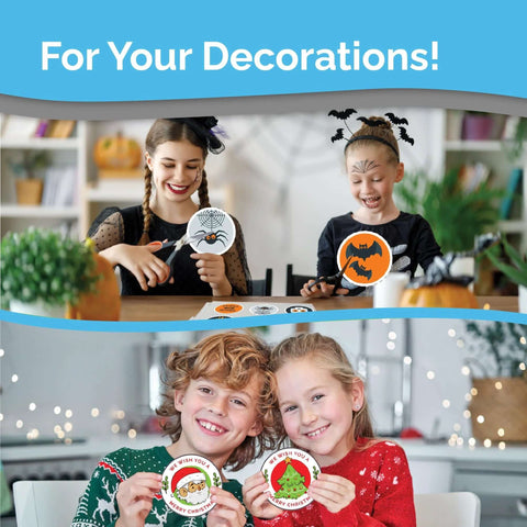 Glossy white printable vinyl sticker paper; kids cut Halloween and Christmas stickers.