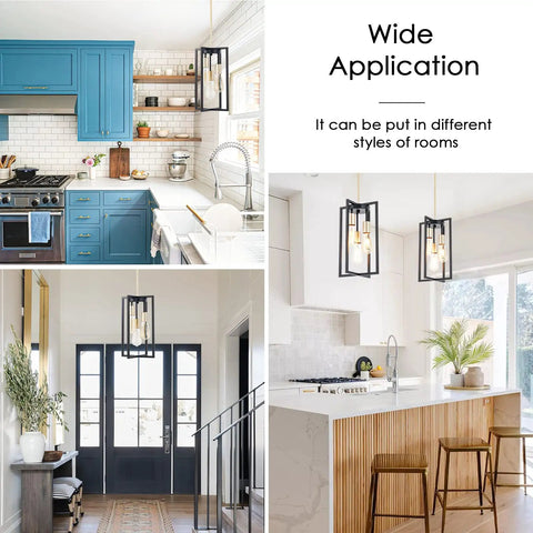 Dope Industrial Farmhouse 3 Light Pendant Fixture In Black And Gold in kitchen, dining, and hallway settings