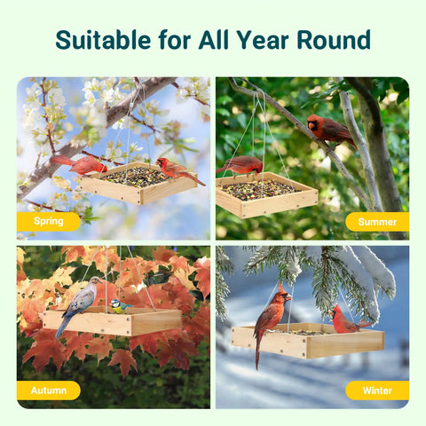 Eco Friendly Wood Hanging Bird Feeder Tray For Outdoors All Weather Durable Garden Wildlife Feeding Station in seasonal settings