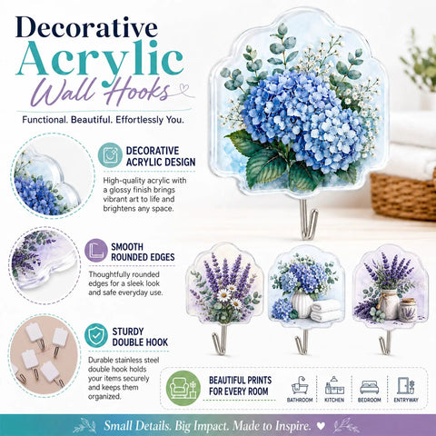4 Pack Butterfly Adhesive Wall Hooks Featuring Real Pretty Floral Garden Motifs Super Strong Peel And Stick Acrylic Hooks for organizing with flower designs.