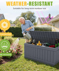 Man using 82 Gallon Outdoor Storage Box With Lid For Patio Furniture Garden Tools And Pool Supplies Weatherproof UV Resistant Lockable Gray Backyard Organizer Pro on grass
