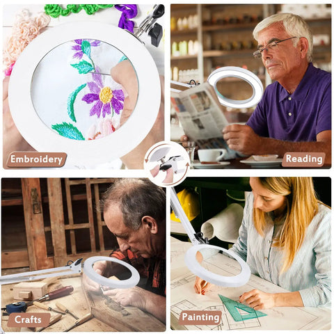 8x Magnifying Glass With Light For Close Work 5 Inch Real Glass Lens Desk Magnifier in use for embroidery, reading, crafts, and painting.